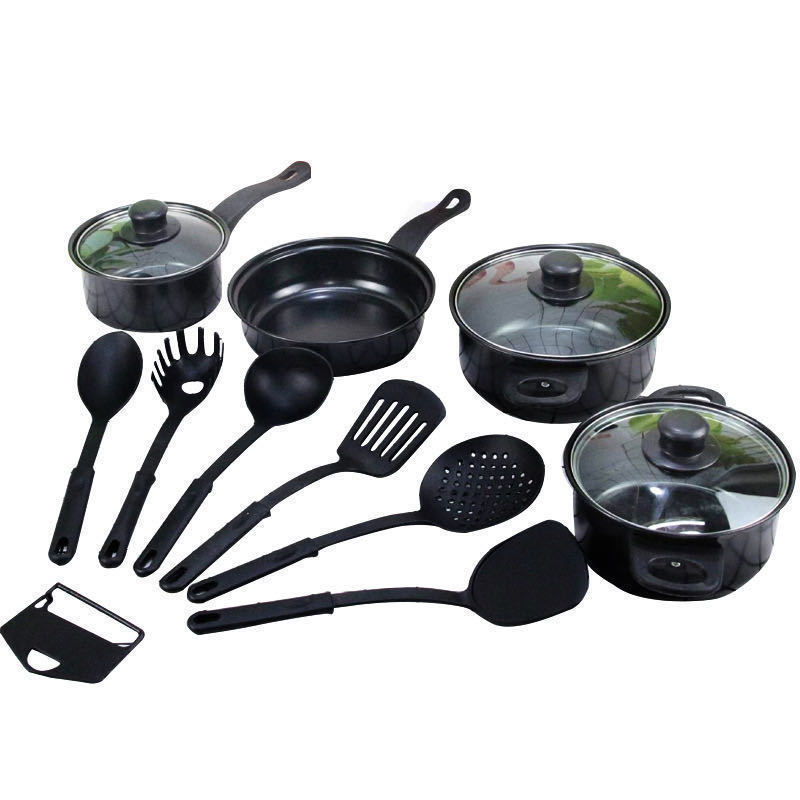 Wholesale cheap 13pcs cookware, sets cooking pot Non Stick Black Cook Pot Set with Glass Lid Iron cookware sets/