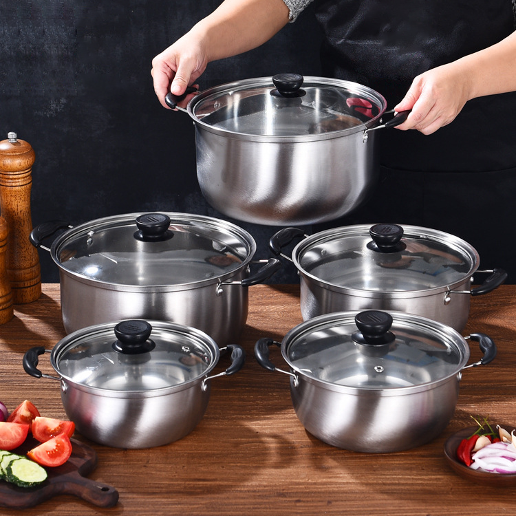 Factory Direct Kitchen Heat, Cooking Stock Pot Thicken Stainless Steel Home Milk Pot 5pcs Soup Pot Sets With Transparent Lid/