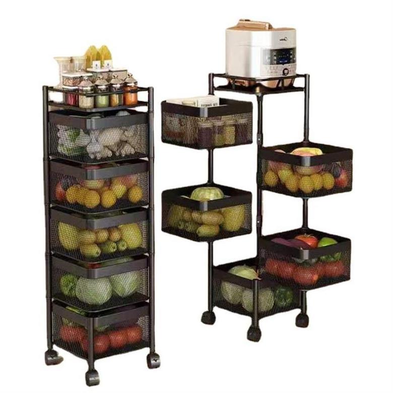 5 Layer Rotating Shelf, 360 Degree Baskets Fruit Vegetable Storage Rack Floor Round Shelf with Wheels/