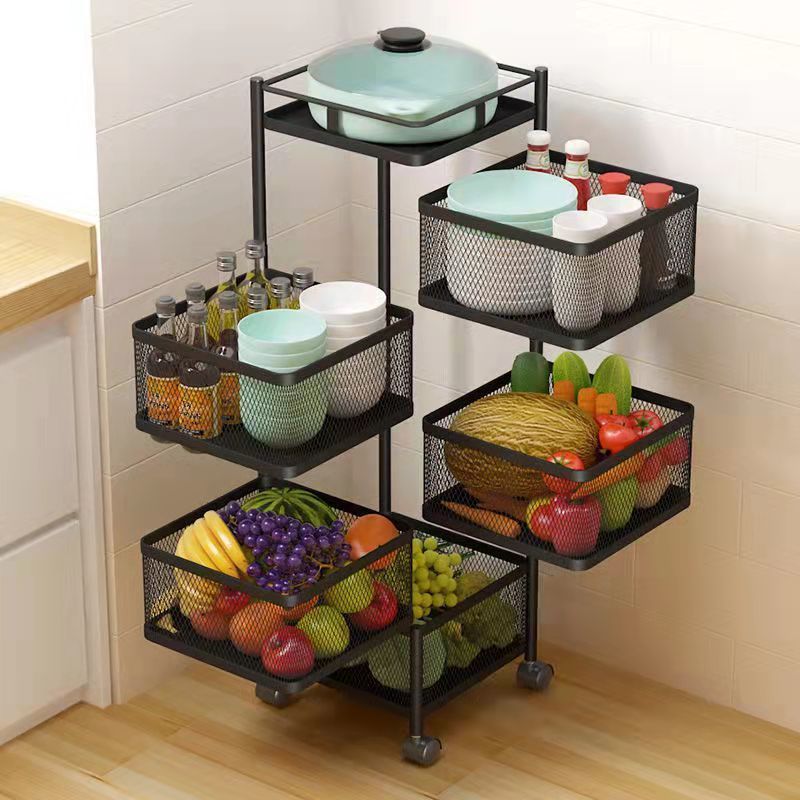 5 Layer Rotating Shelf, 360 Degree Baskets Fruit Vegetable Storage Rack Floor Round Shelf with Wheels/