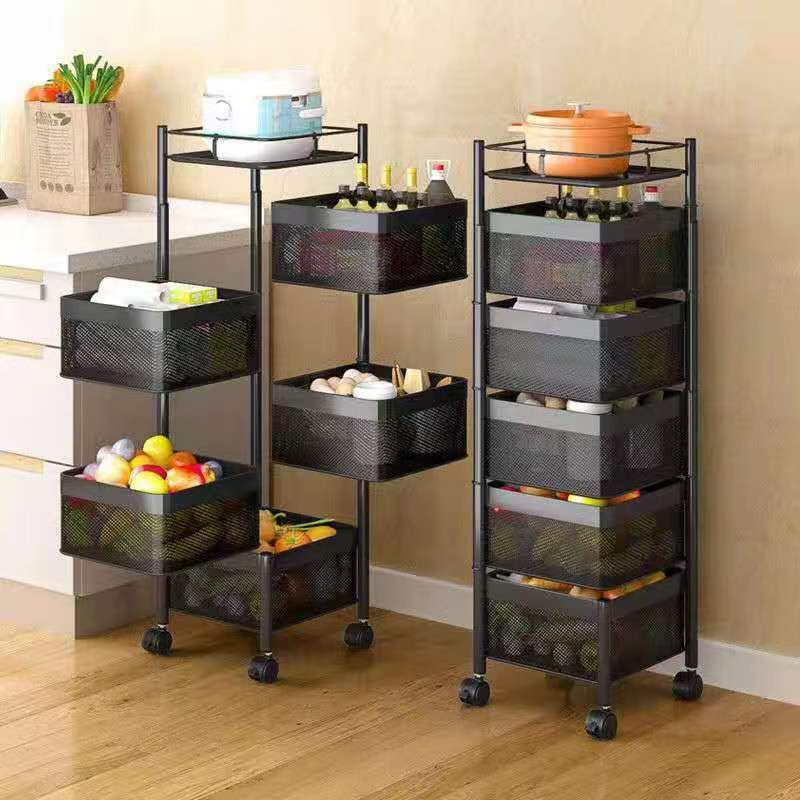 5 Layer Rotating Shelf, 360 Degree Baskets Fruit Vegetable Storage Rack Floor Round Shelf with Wheels/