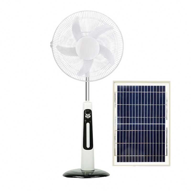 16 Inch Floor Stand Air Cooler 5 Baldes Fan Timer Remote Control Solar Panel Battery Rechargeable China Factory Wholesale Price/