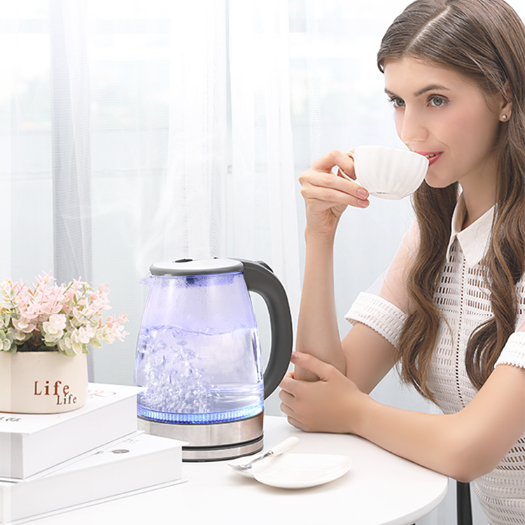 Most Popular Quality 360, Swivel Cordless Thermostatic Glass Body Healthy Material Electric Kettle With Blue Ring Light/