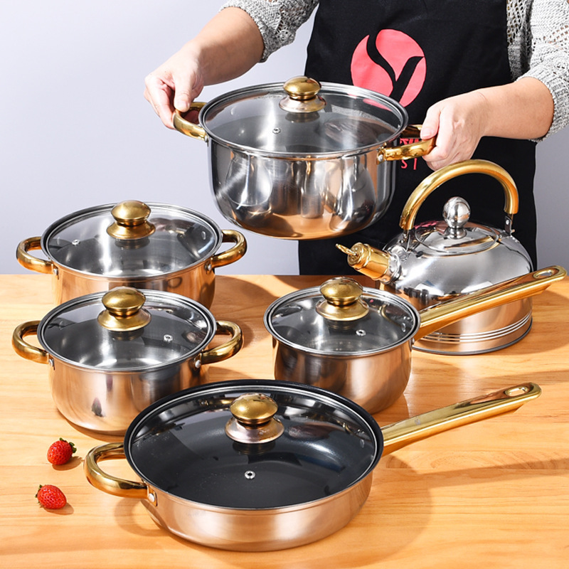 Cookware Sets 12 pcs, Saucepan+frypan+casserole Set Stainless Steel Copper Plating Glass Lid Sustainable/