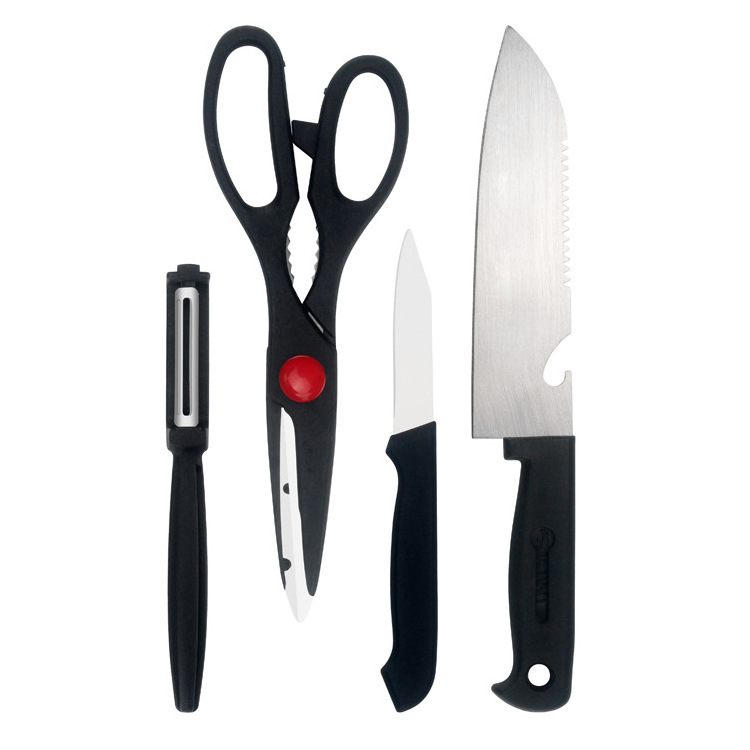 Wholesale 4pcs 8pcs multifunctional, stainless steel black handle scissors kitchen knife set/