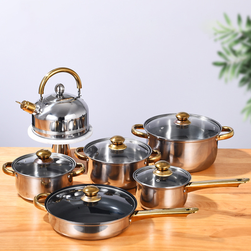 Cookware Sets 12 pcs, Saucepan+frypan+casserole Set Stainless Steel Copper Plating Glass Lid Sustainable/