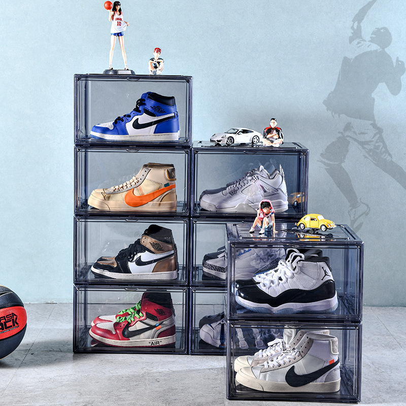 Transparent Plastic Sneaker Stackable, Shoe Storage Boxes Drop Front Acrylic Drawer Type Magnetic Clear Shoe Box/