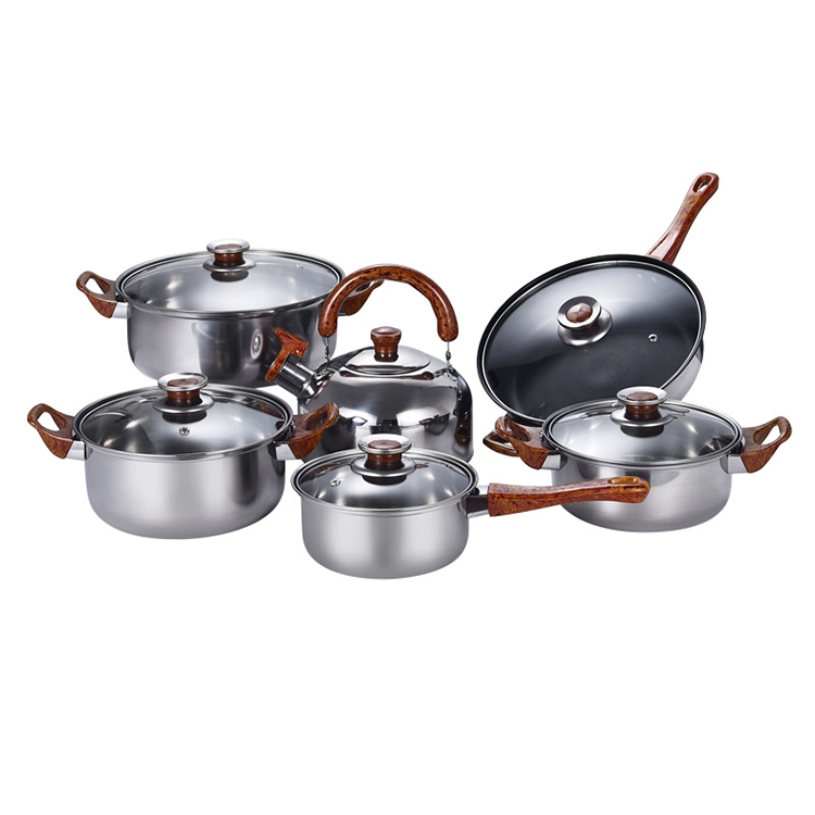 2023 Hot sale Cheap, Kitchen 12pcs Stainless Steel Cooking Pot Portable Health Cookware Sets With Removable Wooden Handle/