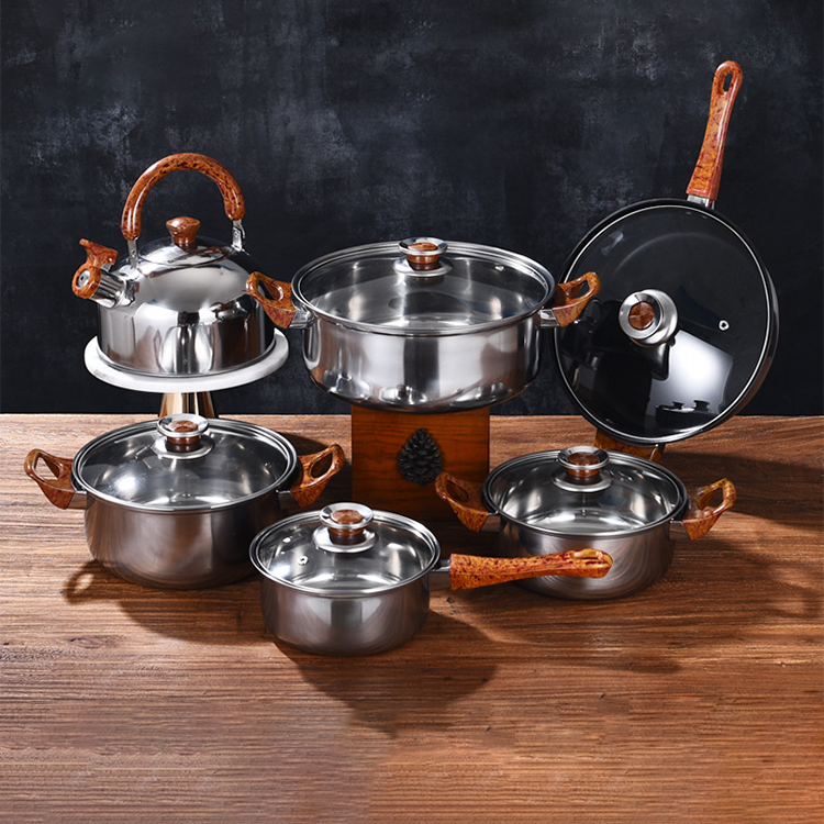 2023 Hot sale Cheap, Kitchen 12pcs Stainless Steel Cooking Pot Portable Health Cookware Sets With Removable Wooden Handle/