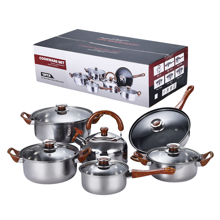 2023 Hot sale Cheap, Kitchen 12pcs Stainless Steel Cooking Pot Portable Health Cookware Sets With Removable Wooden Handle/