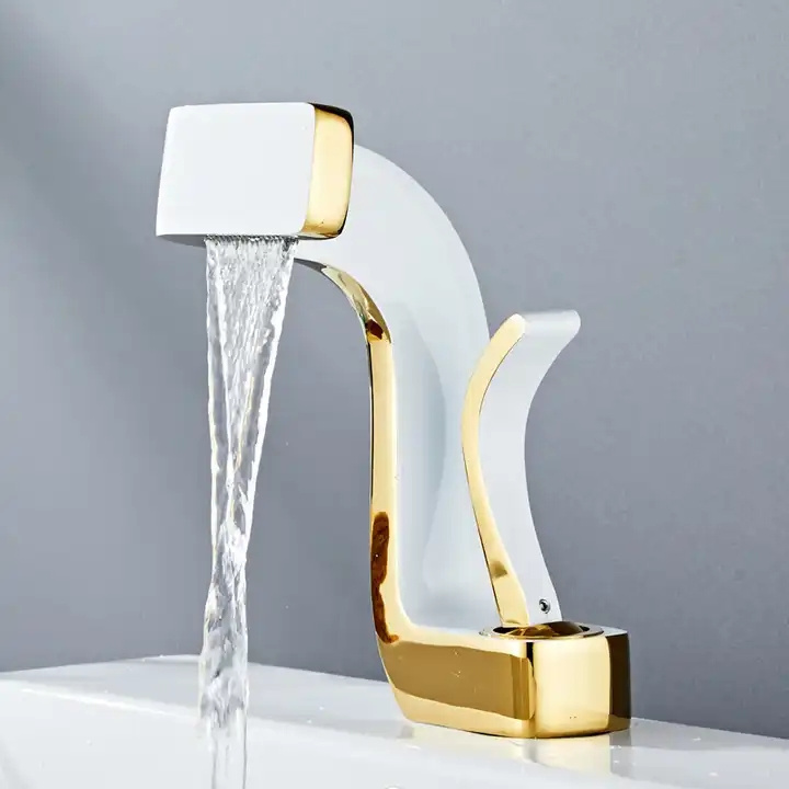 Art Basin sink Brass Gold White Faucet Bathroom Cold And Hot Water Mixer Tap Waterfall Faucet