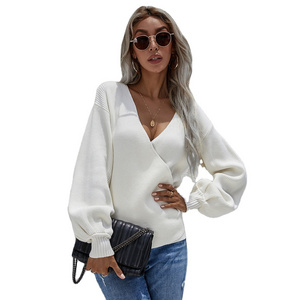 New women's sexy solid color cross wrap chest lantern sleeve knitted sweater wholesale fashion V neck pullover sweater