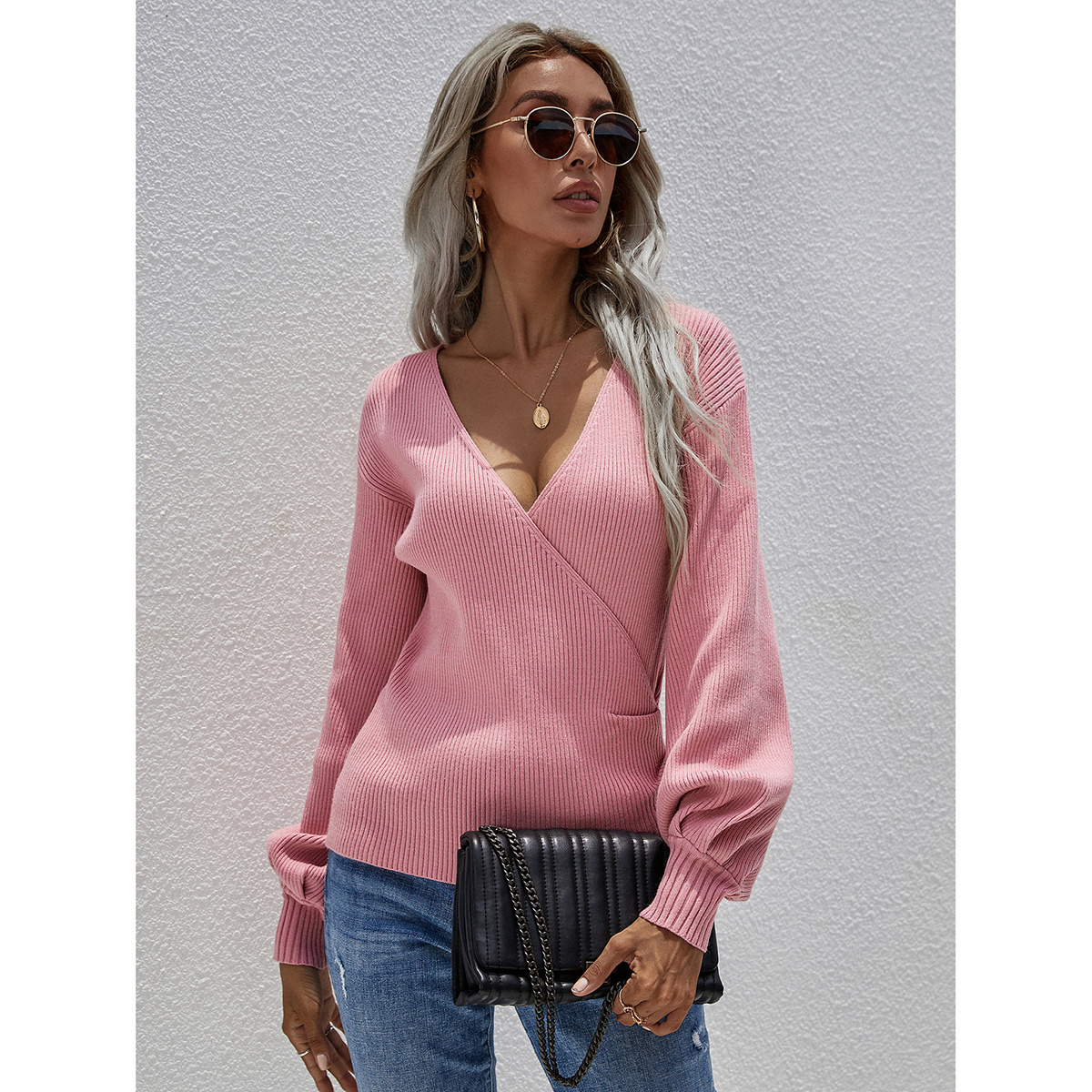 New women's sexy solid color cross wrap chest lantern sleeve knitted sweater wholesale fashion V neck pullover sweater