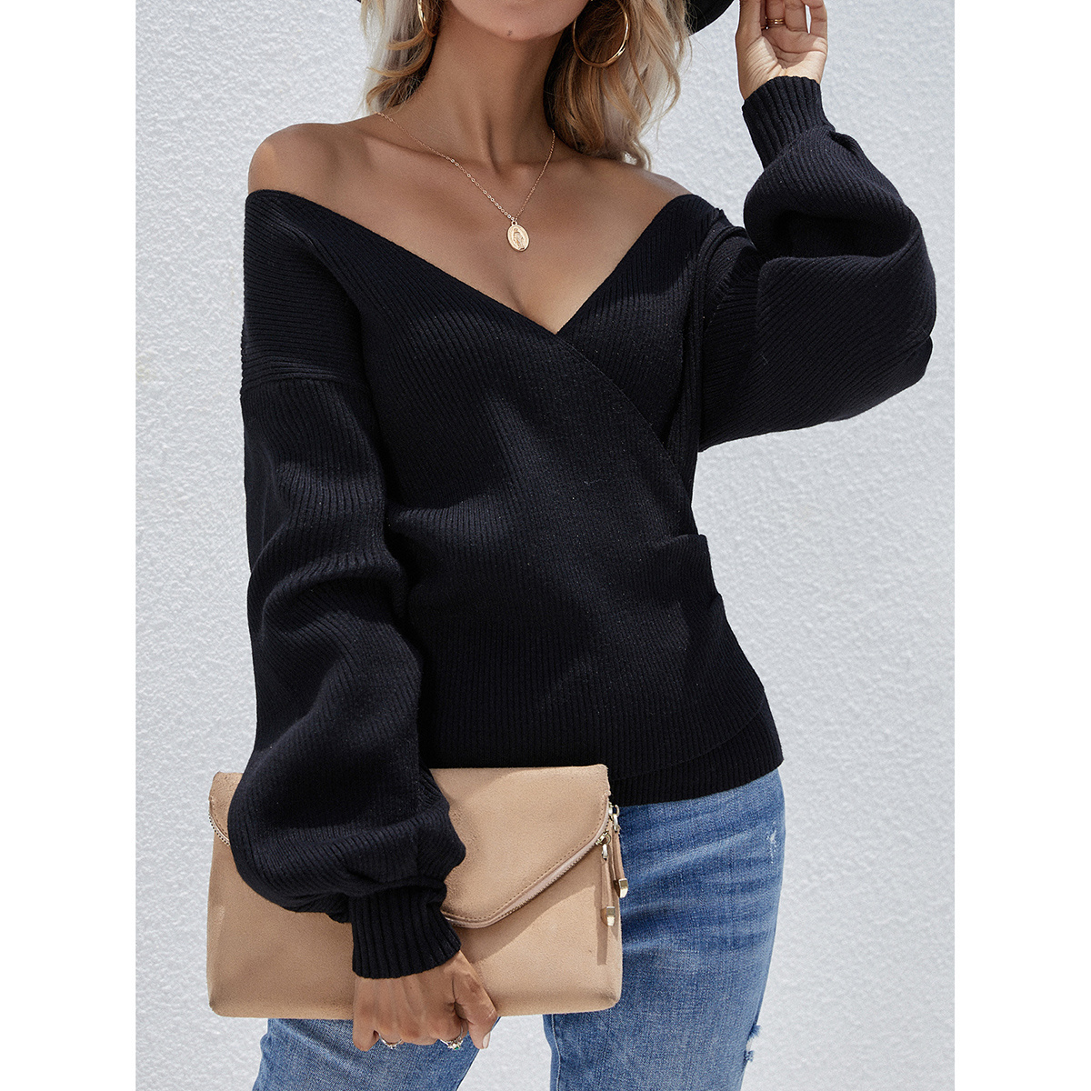 New women's sexy solid color cross wrap chest lantern sleeve knitted sweater wholesale fashion V neck pullover sweater