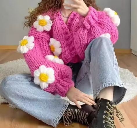 Three-dimentional Flowers Short Cardigans for women Thick Warm Autumn Winter Korean Fashion V Neck Sweet Knitwears Women Sweater