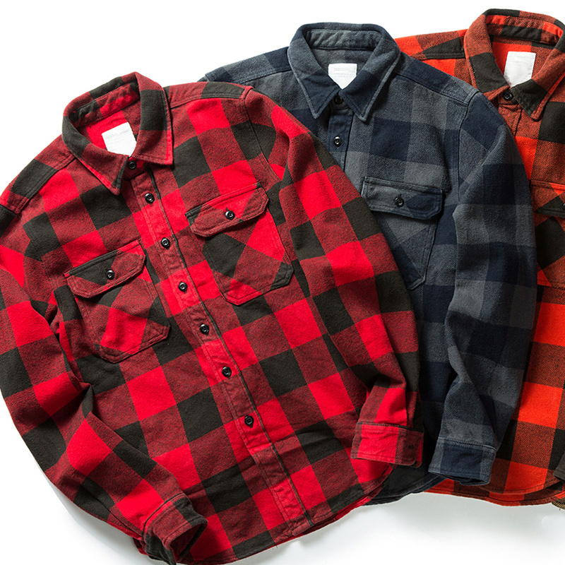 Custom Men's 100% Cotton Thick Black Red Retro Autumn Winter Button Down Long Sleeved Vintage Men Flannel Plaid Shirt