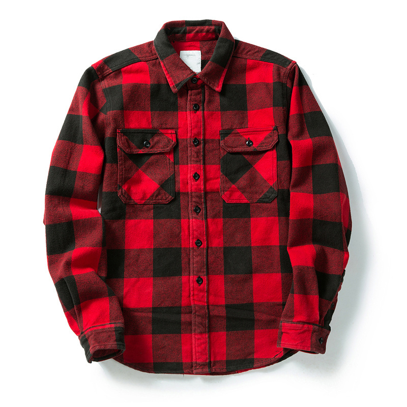 Custom Men's 100% Cotton Thick Black Red Retro Autumn Winter Button Down Long Sleeved Vintage Men Flannel Plaid Shirt