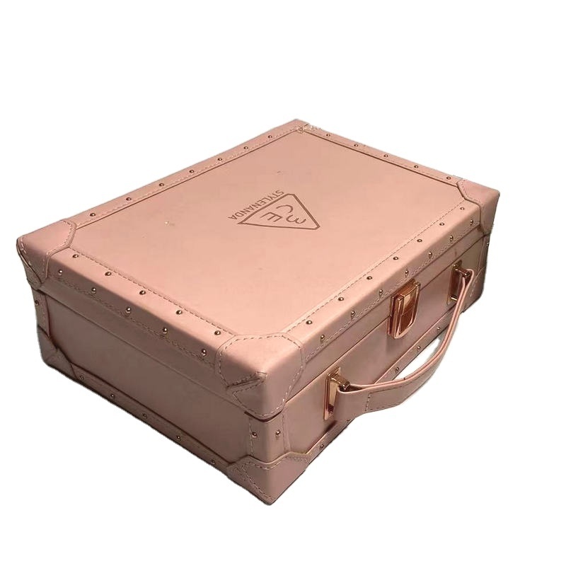 Custom Logo Cosmetic Storage Organizer Case Jewelry Leather Box with Handle Cardboard Suitcase Box