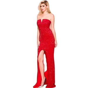 New Design Charming Sequin Strapless Mermaid Formal Prom Dresses Sexy V-neck Party Sequin Prom Dresses