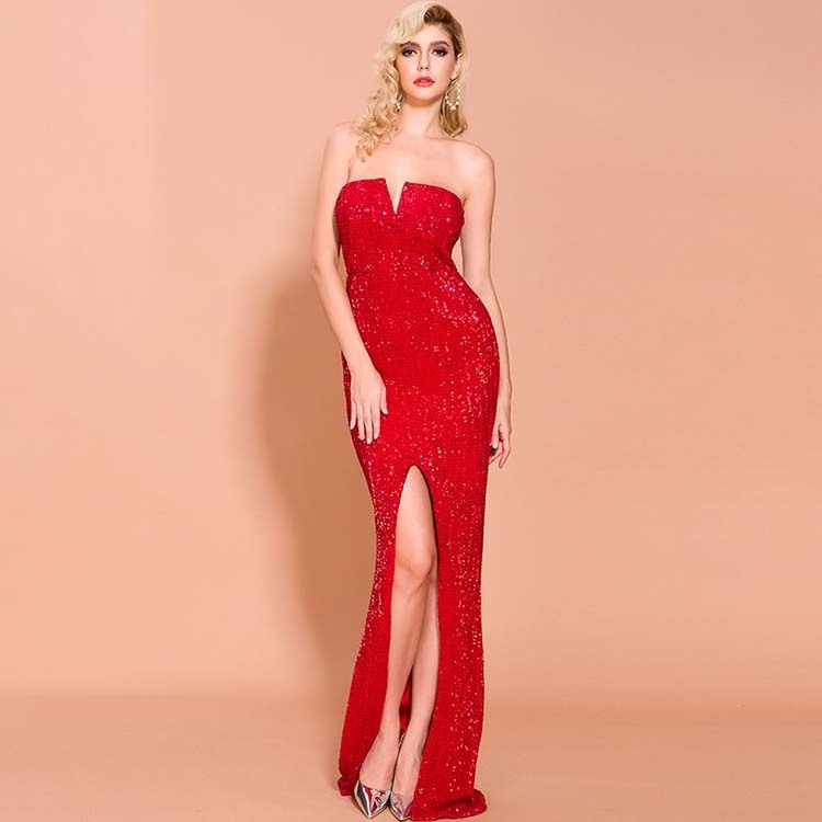 New Design Charming Sequin Strapless Mermaid Formal Prom Dresses Sexy V-neck Party Sequin Prom Dresses