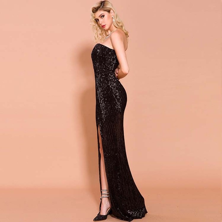 New Design Charming Sequin Strapless Mermaid Formal Prom Dresses Sexy V-neck Party Sequin Prom Dresses