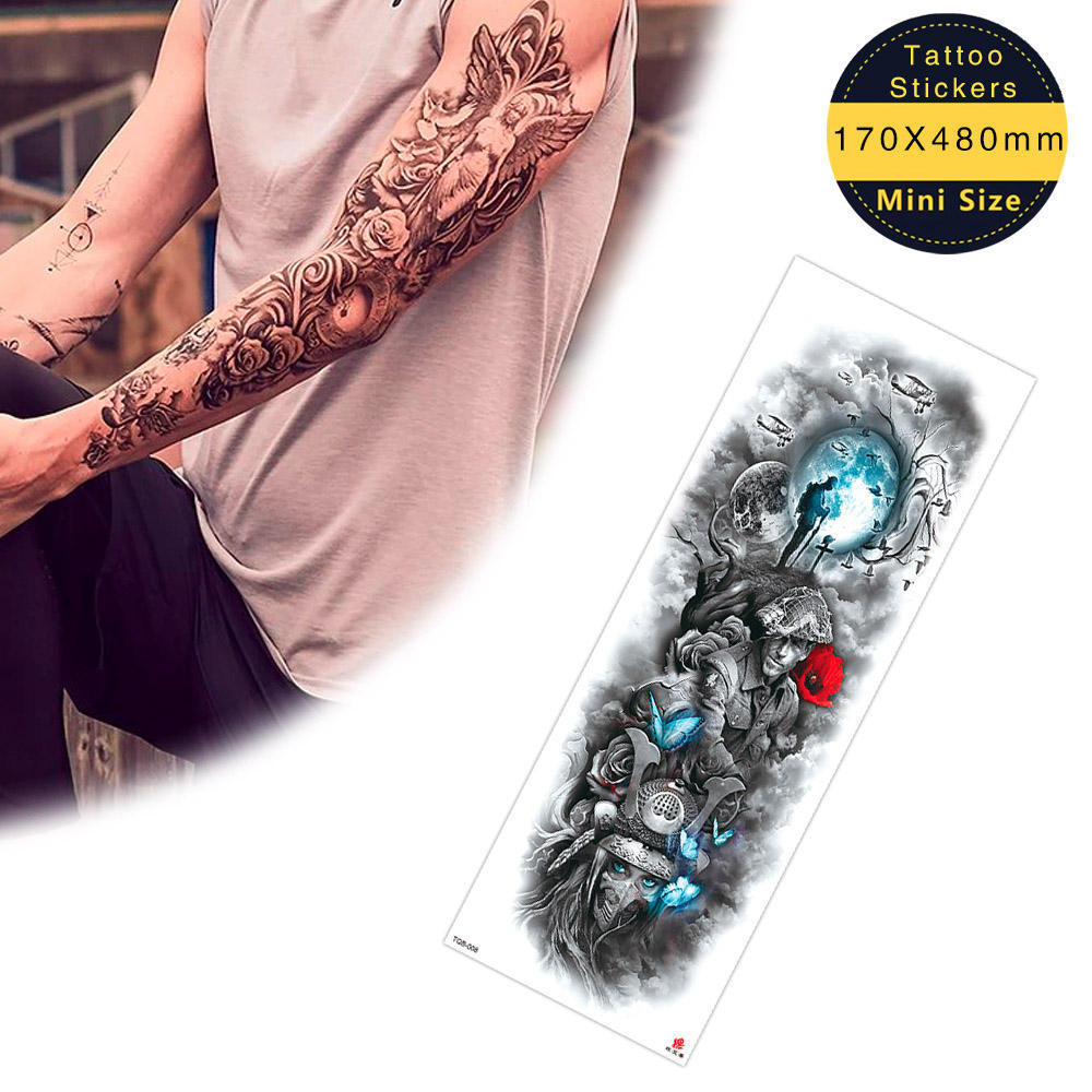 Large Arm Half Sleeve Tattoo Lion Snake Peacock Lotus Body Art Waterproof Temporary Tattoo Sticker