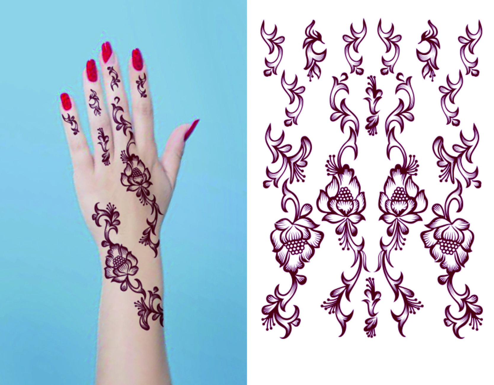 Hot sale  Henna Art Tatoo Sticker Maroon Both Hands Mehndi Design Waterproof Temporary Tattoo