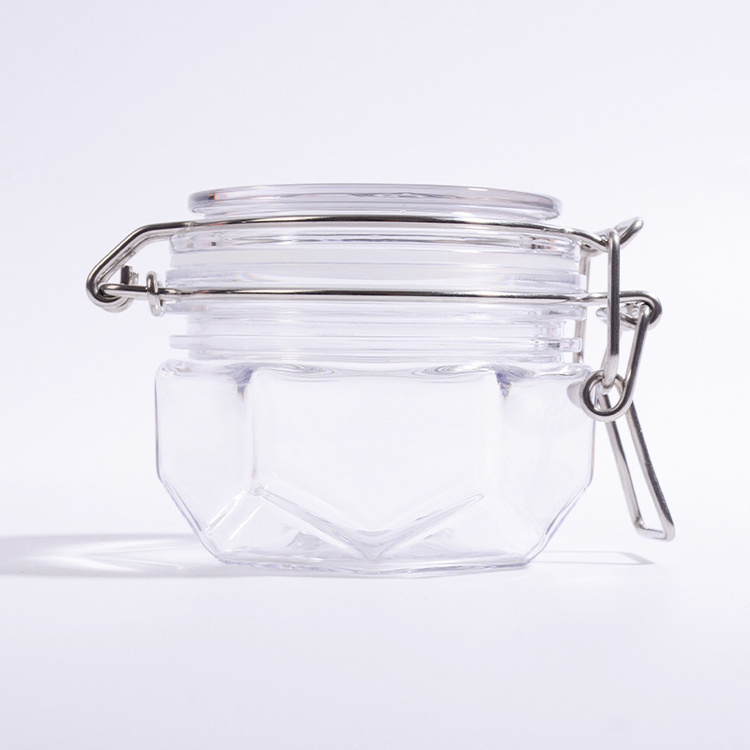 120ml 4oz new design hexagon plastic wire bale hair gel jar with stainless steel clip clear kilner jar