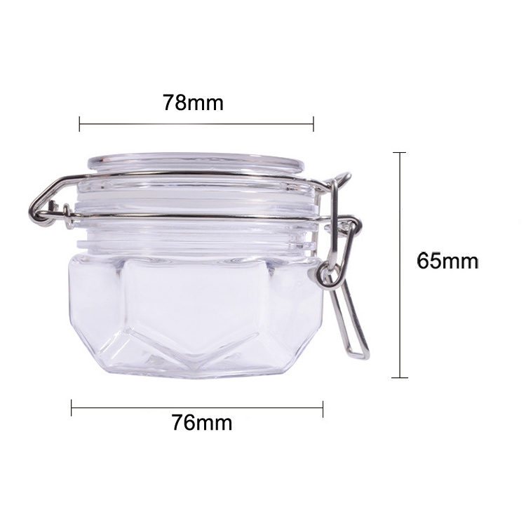 120ml 4oz new design hexagon plastic wire bale hair gel jar with stainless steel clip clear kilner jar