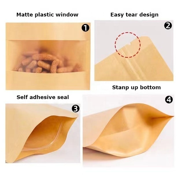 Self adhesive seal stand up pouch kraft paper dried food noodle rice candy nuts packaging bags with window