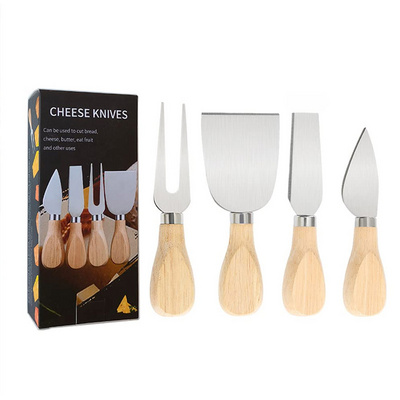 Custom logo 4 6 pcs Stainless Steel Mini Butter cheese Board Spreader Cutter Fork wooden handle cheese knife set for bamboo