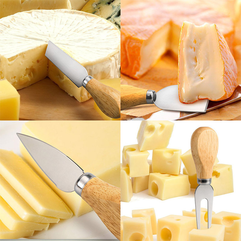 Custom logo 4 6 pcs Stainless Steel Mini Butter cheese Board Spreader Cutter Fork wooden handle cheese knife set for bamboo