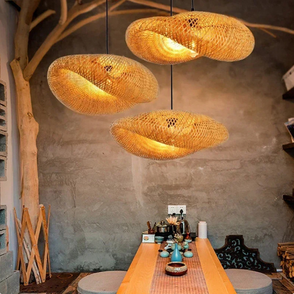 Bamboo Lantern Pendant Lamp Natural Rattan Wicker Chandeliers Hand-Woven Lampshades Lighting Fixtures Hanging Light Room Decor