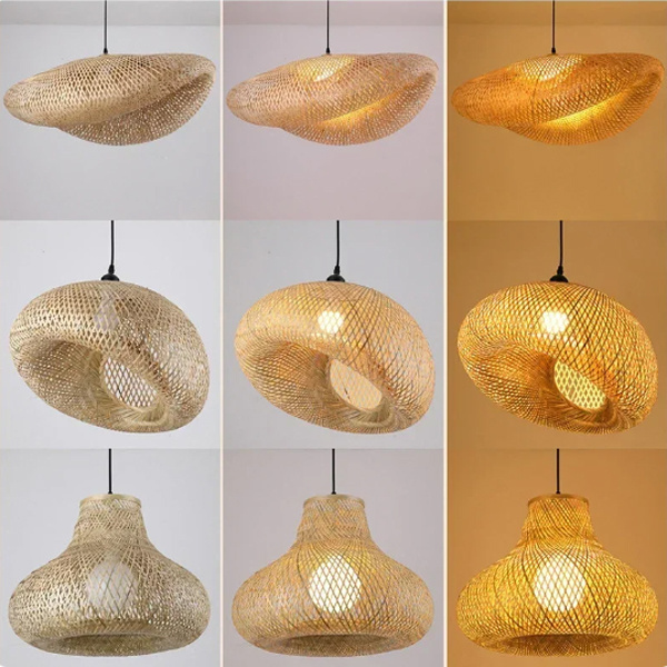 Bamboo Lantern Pendant Lamp Natural Rattan Wicker Chandeliers Hand-Woven Lampshades Lighting Fixtures Hanging Light Room Decor