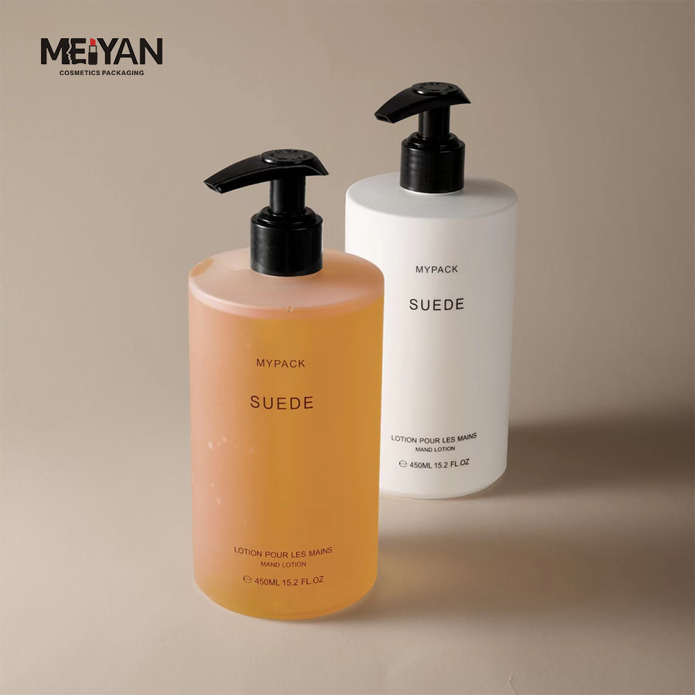 MYPACK new design hdpe plastic 15 oz 450ml frosted clear white soft touch shampoo and conditioner bottle with black pump