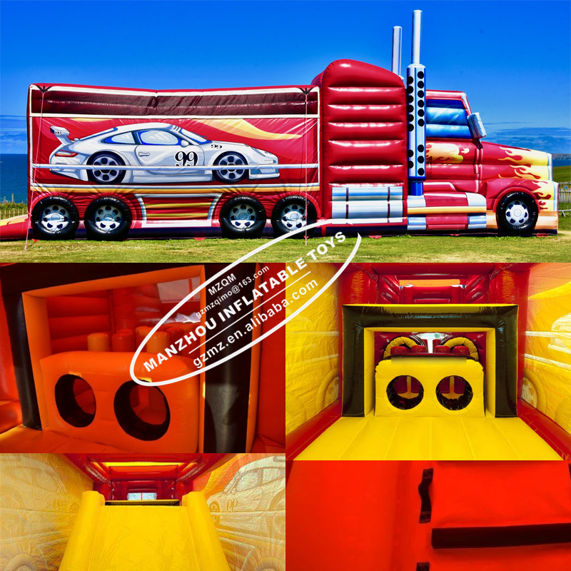 Amazing Big Red Bounce House Construction Fire Monster Truck inflatable obstacle course