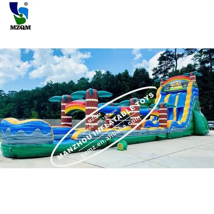 Commercial Giant Dual Lane Tropical Palm Tree Bounce Water Slides With Pool Inflatable Slip N And Slide For Kids Adult