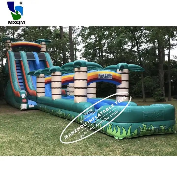 Commercial Giant Dual Lane Tropical Palm Tree Bounce Water Slides With Pool Inflatable Slip N And Slide For Kids Adult