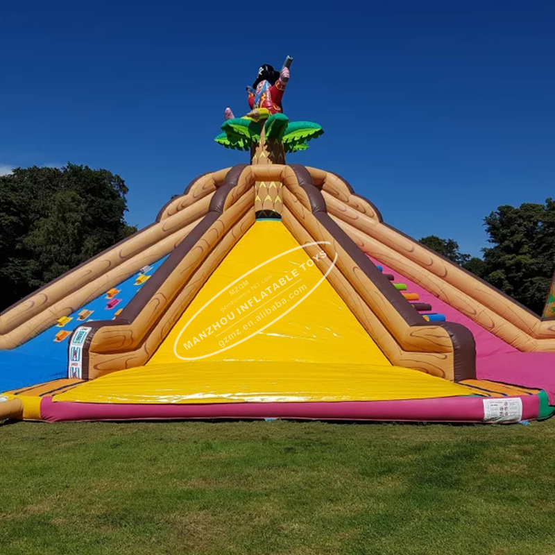 Commercial Giant Colorful Inflatable Volcano Slides Rock Climbing Wall With Dry Slide For Sale