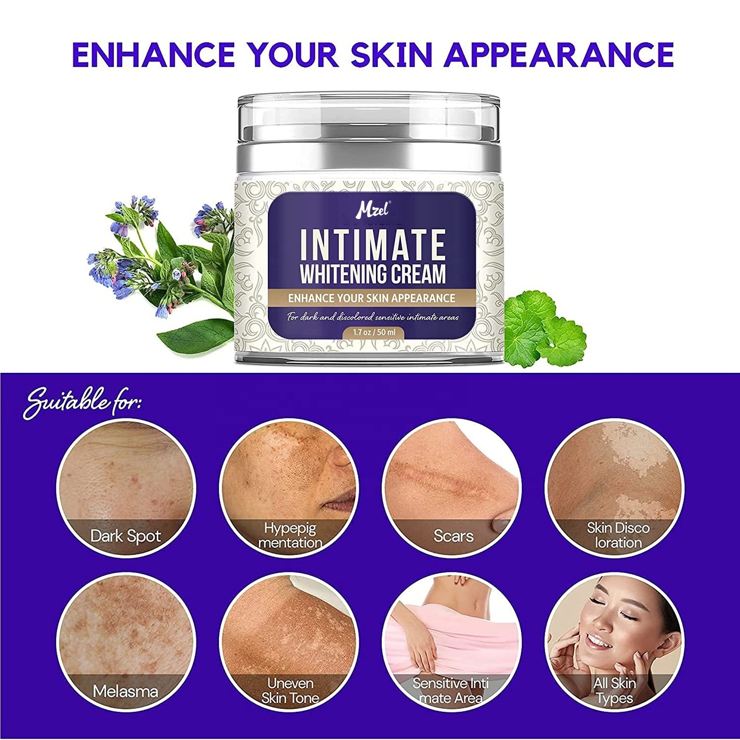 Private Label Intimate Area Dark Spot Corrector Whitening Cream with Instant Results for Knees, Elbows, Vagina, Underarm Armpit