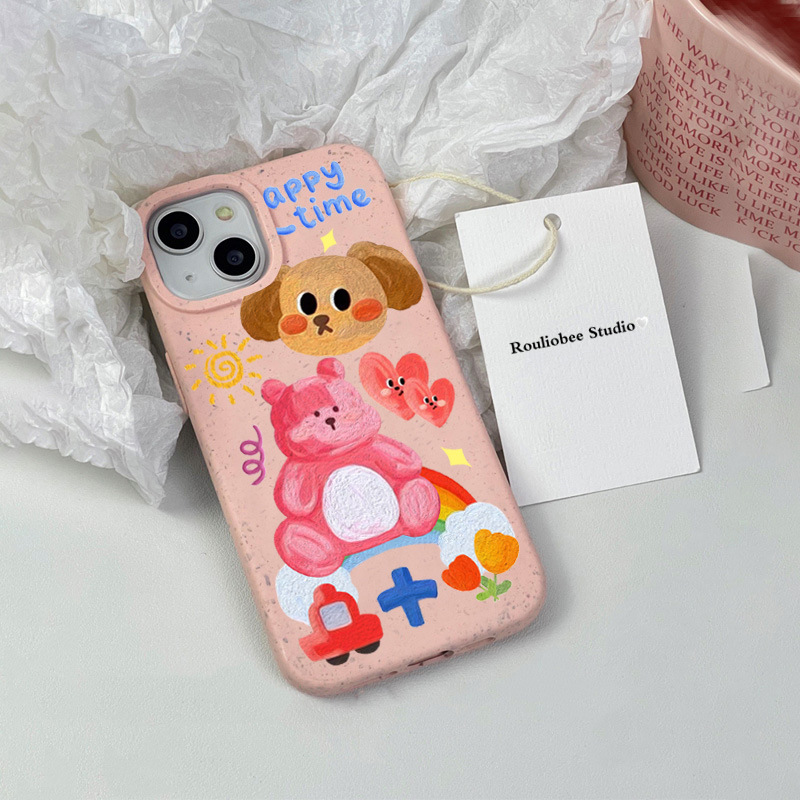 Biodegradable Eco-Friendly Wheat Straw Cartoon Teddy cellphone Case naturliche Handyhulle Recyclable for Iphone 12 13 Pro Max