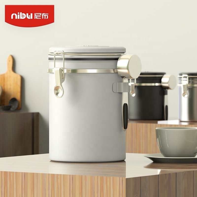 NIBU Premium Coffee Bean Sealed Storage Tank Vacuum Metal Round Airtight Canister Coffee Container With Spoon