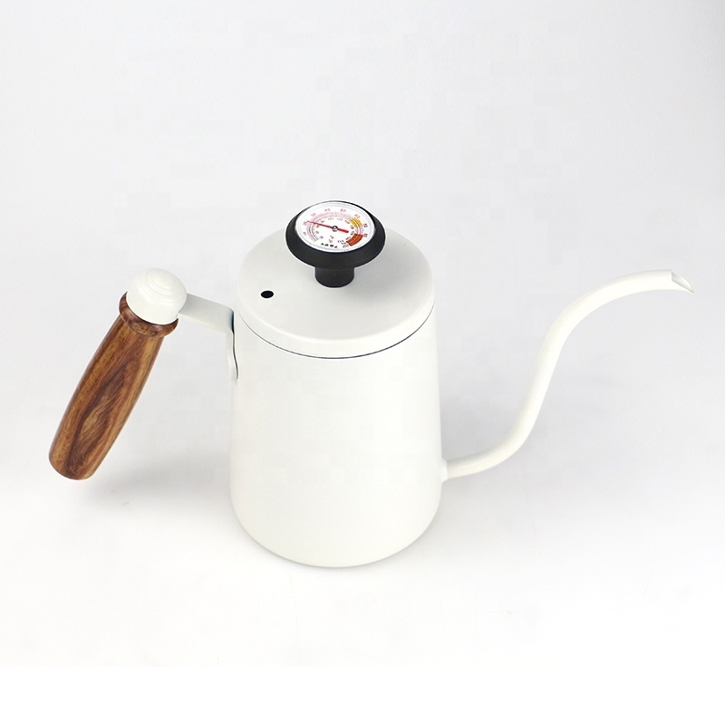 Nibu Tea Stainless Steel 600ML Coffee Kettle Thermometer Wooden Hand Drip Water Pot Cafe Pour Over Gooseneck Coffee Kettle