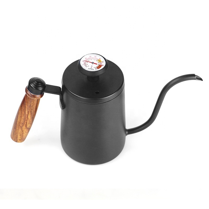 Nibu Tea Stainless Steel 600ML Coffee Kettle Thermometer Wooden Hand Drip Water Pot Cafe Pour Over Gooseneck Coffee Kettle