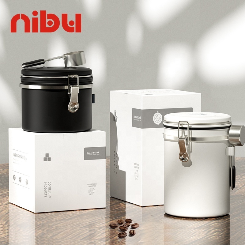 NIBU Premium Coffee Bean Sealed Storage Tank Vacuum Metal Round Airtight Canister Coffee Container With Spoon