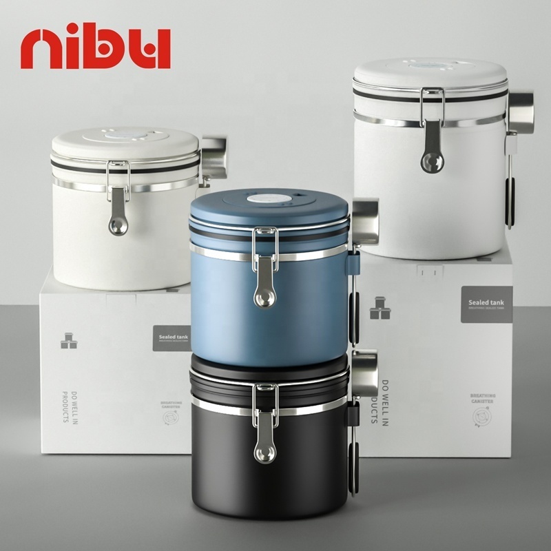 NIBU Premium Coffee Bean Sealed Storage Tank Vacuum Metal Round Airtight Canister Coffee Container With Spoon