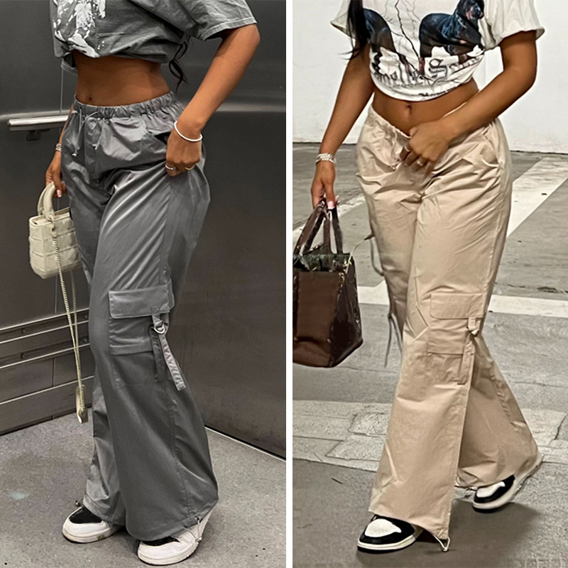 NVFelix Y2k Women Streetwear Low Draw Cord Waist Trousers Baggy Cargo Parachute Pants Casual Women's Pants