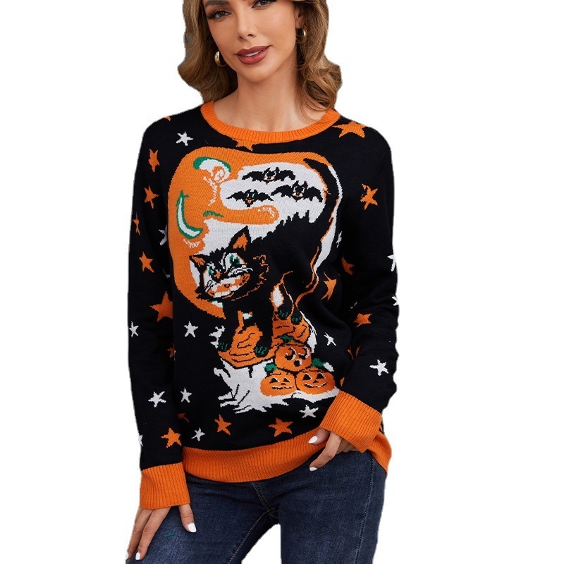 Customize Loose Sweater O Neck Pullover Pumpkin Cat Jacquard Knitted Halloween Women's Sweaters