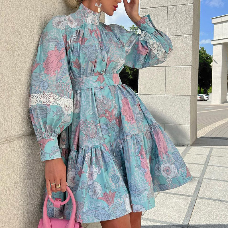 Short Women's Dress Fashion Temperament Long Sleeve High Collar Big Hem Print Dress