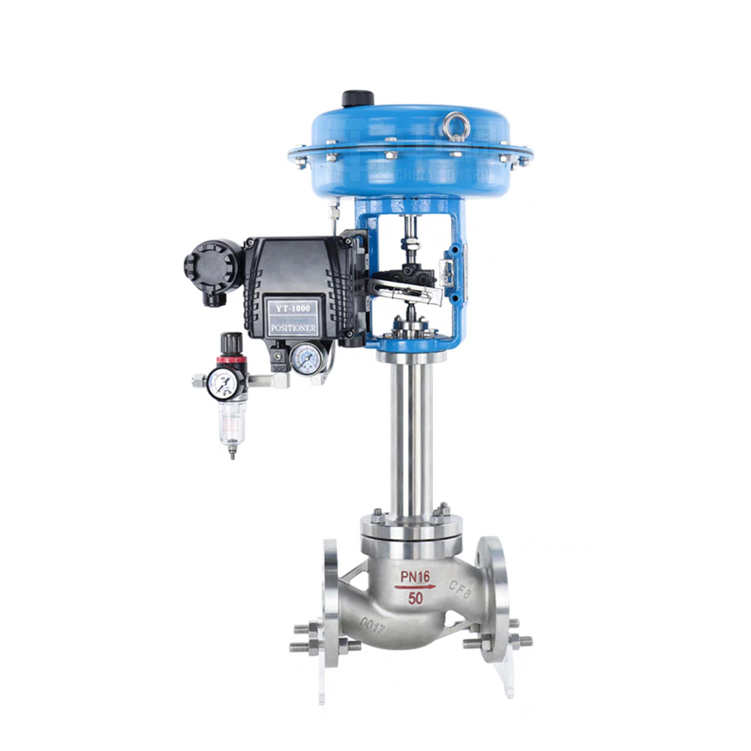 Pneumatically actuated globe proportional flow 3way mixing pneumatic control valve and diverting valve with positioner